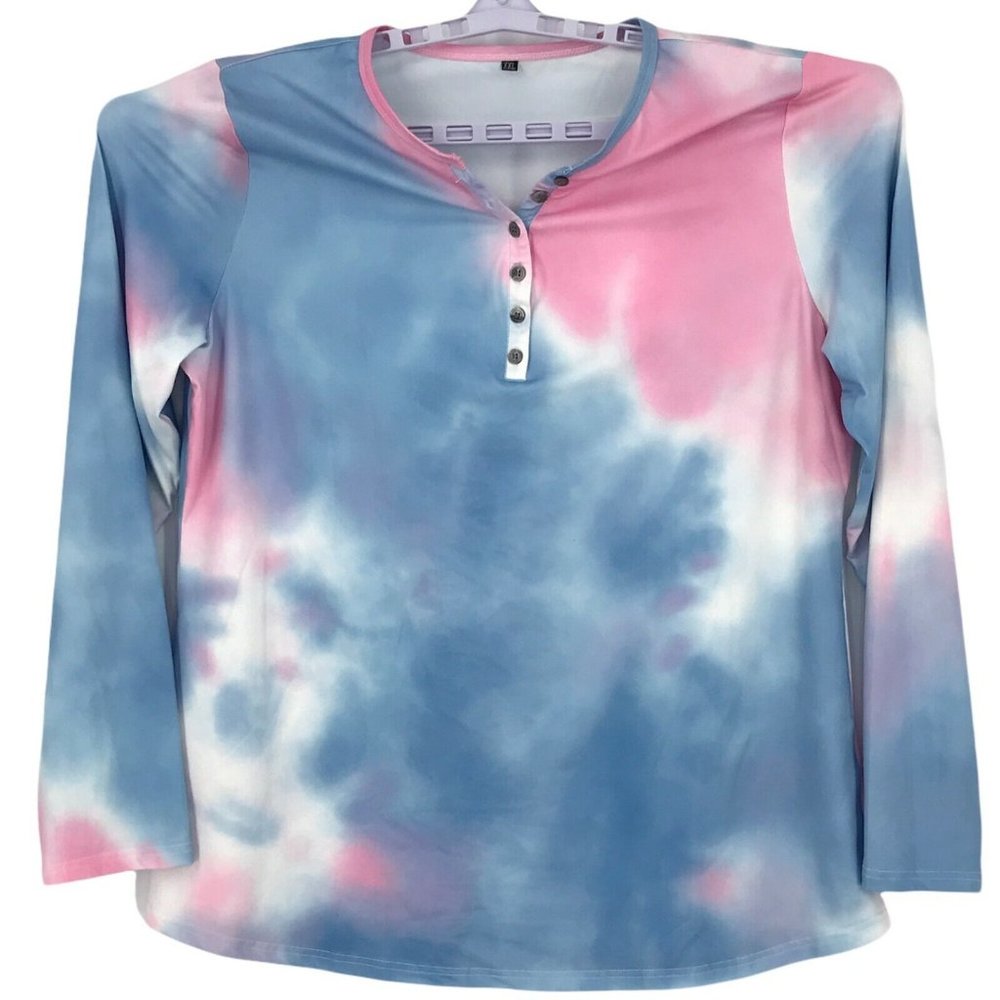 Womens Tie Dye Shirt 2XL XXL Blue Pink Long Sleeve Henley Pullover Top Casual
